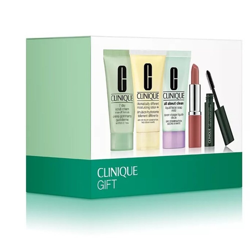 New In Box Clinique 5 Pcs Makeup Skincare Gift Set White/Green Box